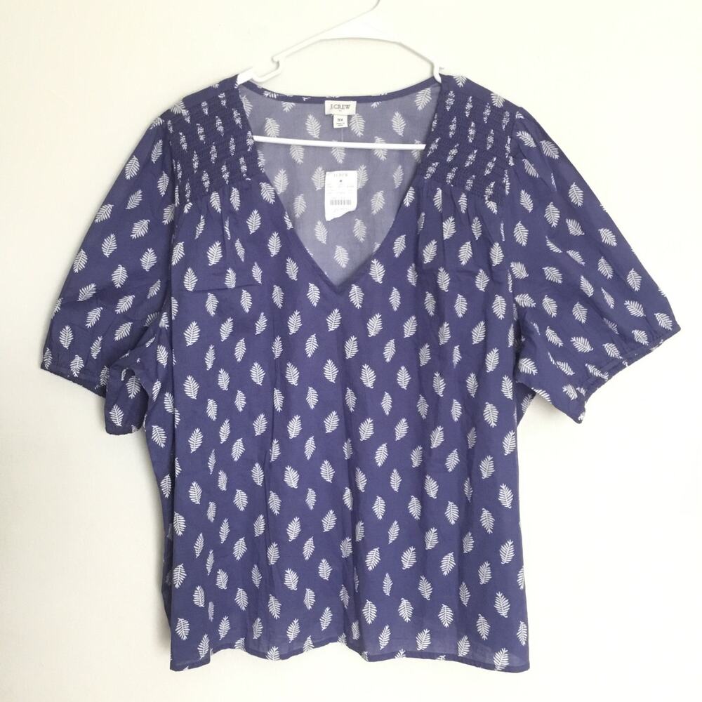 J.Crew Women's Cotton Blue and White Leaf print V-neck Top Plus Sz 3XL - Picture 2 of 7
